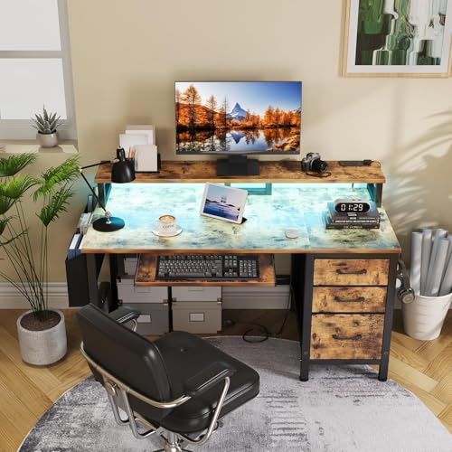 Image of Lufeiya Gaming Desk with LED Lights and Power Outlets, 47 Inch Home Office Desks with Keyboard Tray, Computer Desk with File Drawers Cabinet, Writing Table PC Desks with Monitor Stand, Rustic Brown