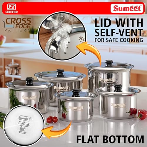 Image of Sumeet ISI Certified HeavyPly Premium Stainless Steel patila Set, 5 pcs with lids - 1150 ml, 1400 ml, 1900 ml, 2500 ml, 3000 ml, Induction & Gas Compatible, Durable bhagona /tope cookware for Kitchen