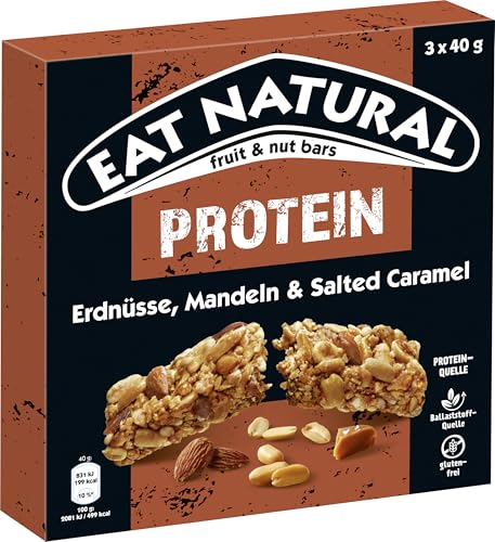 Eat Natural Frucht-und Nussriegel - Protein Erdnüsse, Mandeln und Salted Caramel - Proteinquelle glutenfreier Snack - optimal für unterwegs - 3x40 g