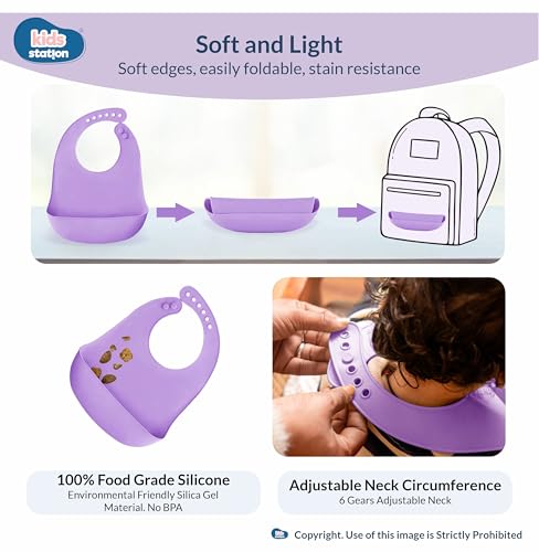 Image of Kids Station Wooden Baby Feeding Set - Bowl, Spoon & Bib - Purple | Eco-Friendly Self-Feeding Baby Tableware Set (3 pcs, Purple)