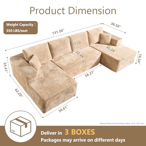 Image of HOOOWOOO Cloud Sectional Couches for Living Room,Modular Sectional Sofa No Assembly,132X62 Inch Plush Corduroy Large U Shaped Floor Couch Set with Deep Seat Double Chaise(Beige)