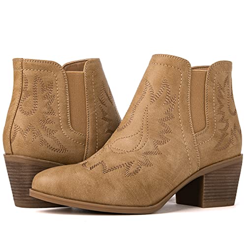 GLOBALWIN Cowboy Boots For Women Western Style Comfortable Pull On Short Ankle Cowgirl Boots Low Heel Khaki Size 9M