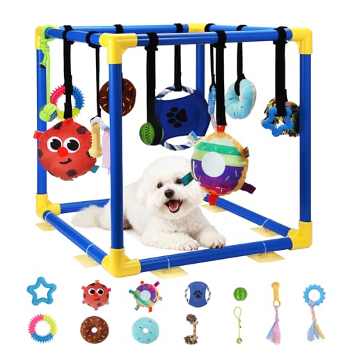 VYNALTIX Puppy Play Gym with 12 Toys Removable Dog Enrichment Playground Interactive Indoor Training Activity Center for Small Dogs & Puppies Teething & with Squeaky Toys Fixable 12 Toys
