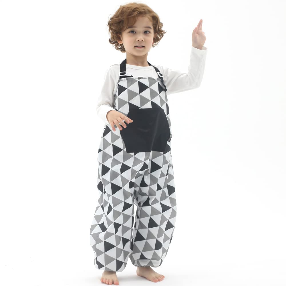 Kids Art Smock Dungaree Style, Lightweight Waterproof Painting Apron with Adjustable String, Quick-Dry Messy Play Overall for Boys Girls School Crafts, Black Triangle (42-L)