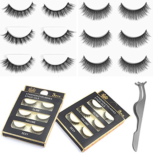 Urbun 2 Styles 6 Pairs Multipack Luxurious Real Mink 3D Natural False Eyelashes with Clip Tweezer Cross Long Black Makeup Eye Lashes
