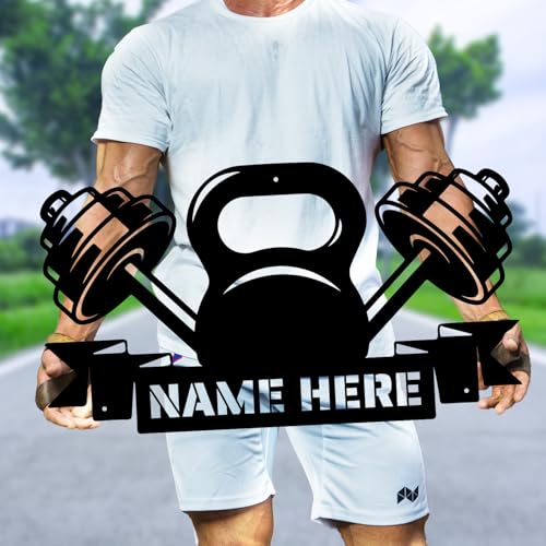 Personalized Dumbbells and Kettlebells Metal Art, Custom Metal Gym Name Sign, Wall Decor for Personal/Garage/Basement Gym, Birthday Gift for Lifter/Fitness Enthusiast/Men/Women