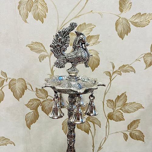Image of German Silver Peacock Samai Pair | Diya Stand Set of 2 with Elephant Base & Plate | Big Size Deepam for Pooja, Temple & Home Decor | Kuthu Vilakku Oil Lamp | 20 x 6.5 Inch | Hand Engraved