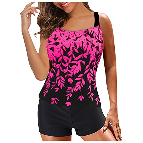 UoBfine Tankini para mujer, traje de baño de dos piezas, estampado estampado, juego de tankini con camiseta y pantalones de bikini., Rosa., M Cover