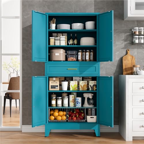 Image of LCAOPC 71 inch Tall Pantry Storage Cabinet with Drawer and Adjustable Shelves, Freestanding Tall Kitchen Cupboard Storage Cabinet for Kitchen,Dining Room, Living Room, Blue