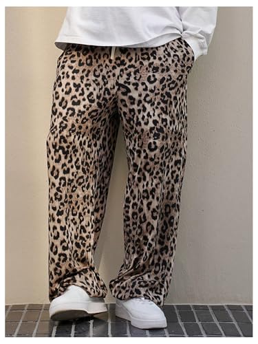OYOANGLE Men's Leopard Print Drawstring Waist Pants Cheetah Straight Leg Trousers Streetwear3