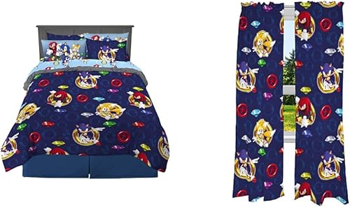 Franco Juego de edredón y sábanas súper suaves con funda 7 piezas de tamaño matrimonial Sonic The Hedgehog  Kids Room Window Curtains Set 82 x 84