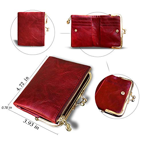 Image of AOXONEL Womens Wallet Small Rfid Ladies Compact Bifold Leather Vintage Coin Purse With Zipper and Kiss Lock (Red)