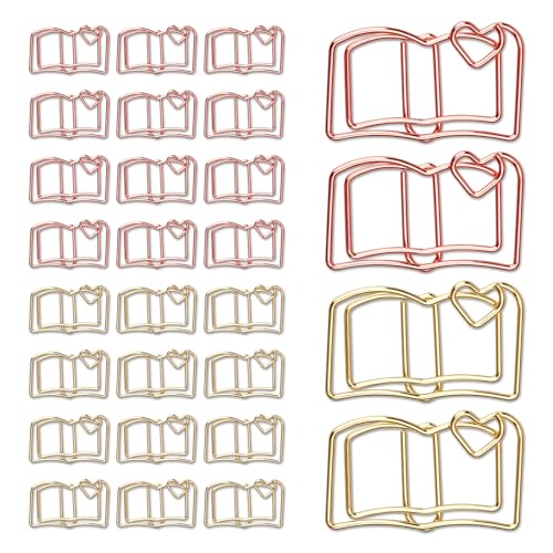 30 clips de papel en forma de libro, oro rosa y dorado, lindos clips para la escuela y decoraciones de boda, divertidos artículos de papelería para profesores y regalos (estilo marcador)