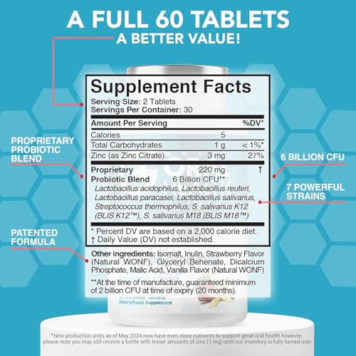 Image of Oral Probiotics for Mouth Bad Breath Treatment for Adults; Dentist Formulated Dental Probiotics for Teeth and Gums, Chronic Halitosis with BLIS K12 M18, Chewable Oral Health Tablets Strawberry Vanilla