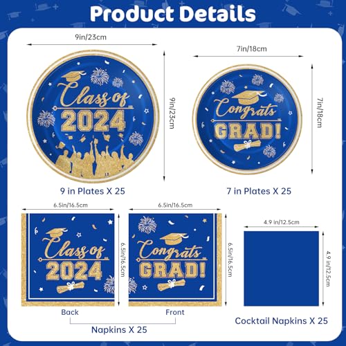 Graduation Plates and Napkins 2024 Graduation Party Supplies, Class of 2024 Congrats Grad Disposable Paper Plates Cocktail Napkins Set for Blue and Gold 2024 Graduation Party Decorations, Serve 25