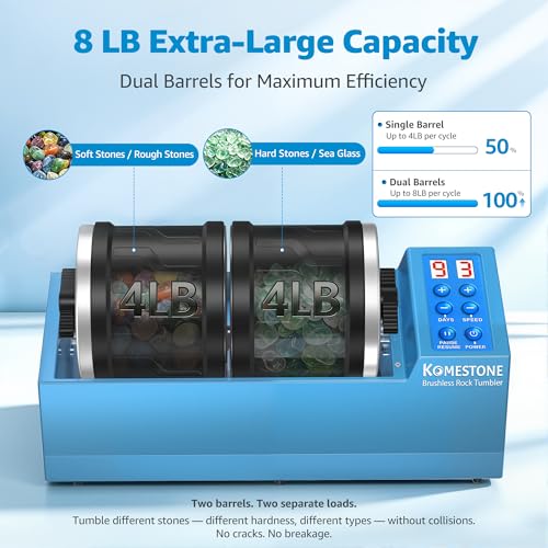 Image of Dual-Barrel Rock Tumbler Kit - 8LB Extra Large Capacity (4LB x 2), Brushless Motor & Heavy Metal Base, 3 Speeds & 9-Day Timer, Rock Polisher for Adults & Collectors, Full Accessories Included