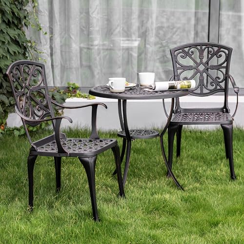 NUU GARDEN 3 Piece Outdoor Bistro Set Cast Aluminum Bistro Table Set Patio Table and Chairs with Umbrella Hole for Backyard, Balcony, Front Porch, Black