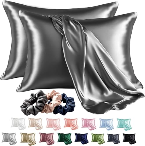 Image of SKVM Satin Silk Pillow Covers Set of 4 for Hair and Skin scrunchies Set for Women 3-Pieces Pillowcase Soft Breathable Smooth Sleeping Envelope Closure Cover Bed Anti Frizz 18 inchX 28 inch (4, Dark Grey)