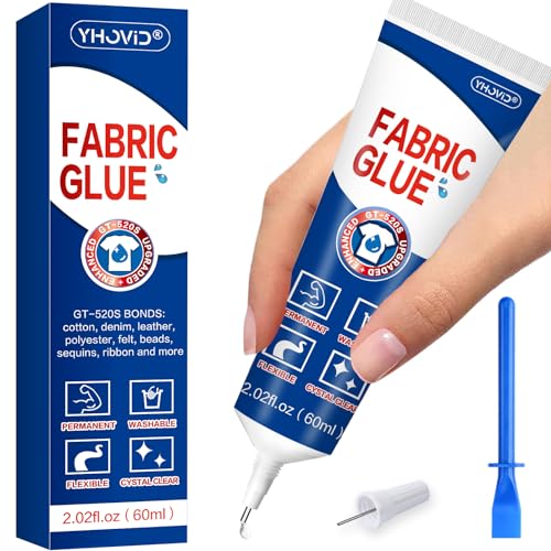 Fabric Glue for Clothing Permanent Washable, 60ML Liquid Stitch, Fabric Adhesive, Anti-Fray Check, Super No-Sew Clear Fusion Glue for All Patches, 24 Hour Dry and Waterproof