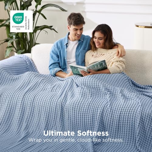 Image of Bedsure Cooling Cotton Waffle Oversized King Blanket - Lightweight Breathable Rayon Derived from Bamboo for Hot Sleepers, Luxury Throws for Bed and Sofa, Sky Blue, 120x96 Inches