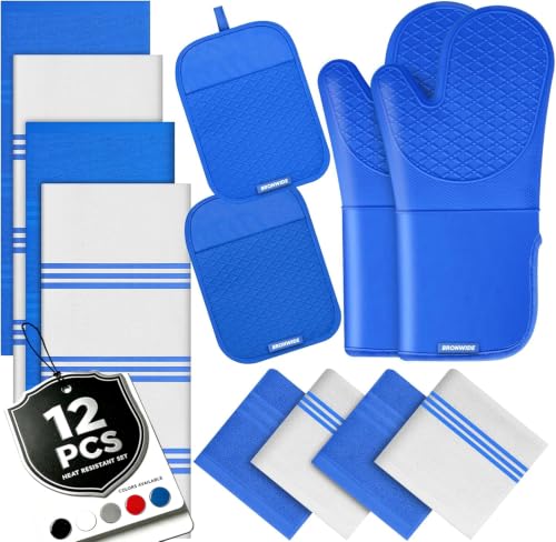 Silicone Oven Mitts and Pot Holders with Kitchen Towels and Dishcloths Sets, Baking Gloves Hot Pads 500°F Heat Resistant with Non-Slip Grip Surface, Mitts Set Includes 4 Kitchen Towels/4 Dish Towels - image 1