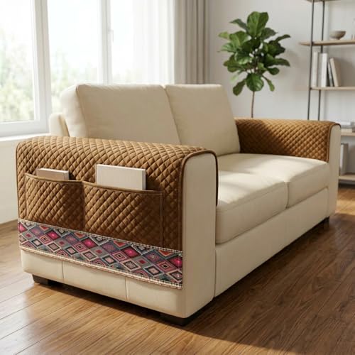 Image of KINGLY Armrest Cover with Pocket | Anti-Slip Sofa Arm Protector | Washable Arm Cover | Royal Gold