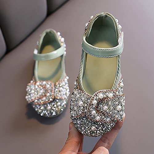 Children Pearl Rhinestones Shining Shoes Kids Solid Color Princess Beach Casual Flat Base Shoes (Green, 26)4
