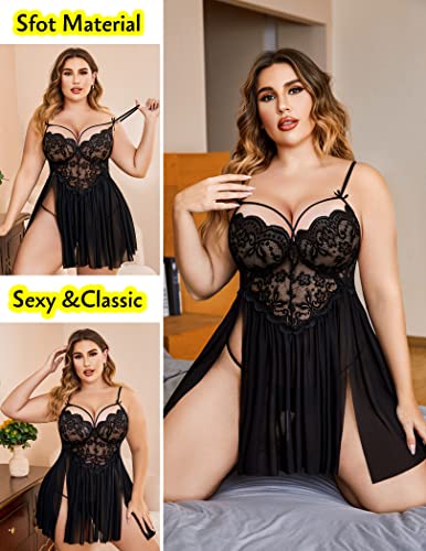 Avidlove Plus Size Lingerie Lace Babydoll Womens Strap Chemise Nightgown V Neck Nighty Mesh Sleepwear Side Slit Nightdress2