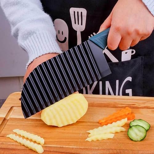 Image of PANCA Black Crinkle Knife for Vegetables & Fruits | Wavy Cutter for Potatoes, Salad, French Fries & Chips | Non-Stick Stainless Steel Blade with Ergonomic Handle (Green Handle)