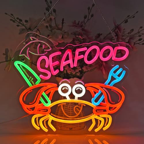 Image of Seafood Neon Sign, Neon Lights Hanging Wall Art Decoration for Restaurant Shop Market Mall Grocery Bar Celebration Home Decor, USB Powered Ultra Bright Dimmable, 14.96 * 12.6inches