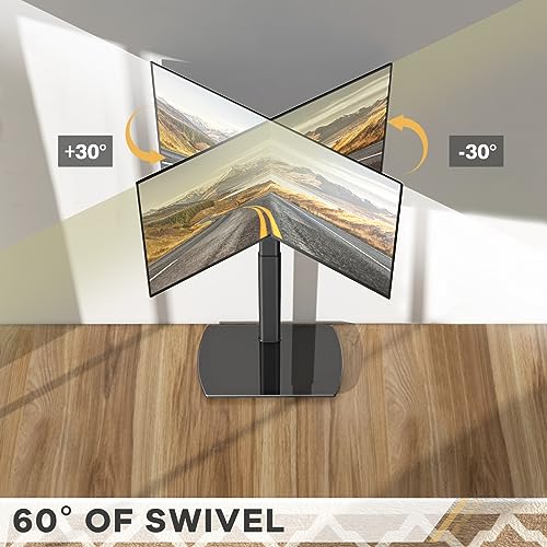 Universal Floor TV Stand Base for Most 26 to 65 Inch TVs with ±30° Swivel Mount, Height Adjustable 65 inch TV Stand with Cable Management, Space Saving Tempered Glass Base Perfect for Storage