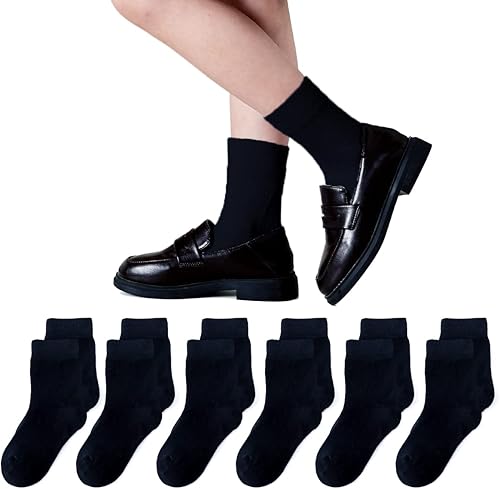Marchare Calcetines para niñas sin costuras, calcetines escolares de algodón, color blanco, negro, gris, azul marino, paquete de 6