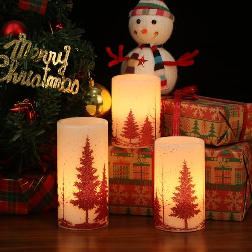 Image of Eldnacele Christmas Flickering Flameless Candles with 6 Hour Timer, Red Christmas Tree Decal Battery Operated Real Wax LED Pillar Candles Home Tabletop Holiday Decor(3Pcs,3x4 /5 /6 Inches)