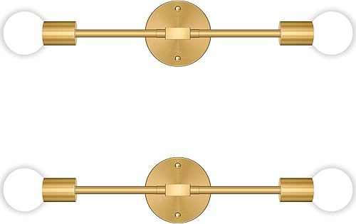 Paquete de 2 lámparas de tocador de baño, 2 lámparas doradas de pared, moderna lámpara de pared de mediados de siglo, latón cepillado, iluminación