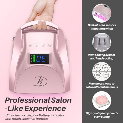 Image of UV LED Nail Lamp,96W Rechargeable Cordless Nail Dryer, 52 Beads Quick Dry with Remote Control,4 Timers,Auto Sensor,Key Sound,Built-in Cooling Fan,Professional Gel Polish UV Light (Pink)