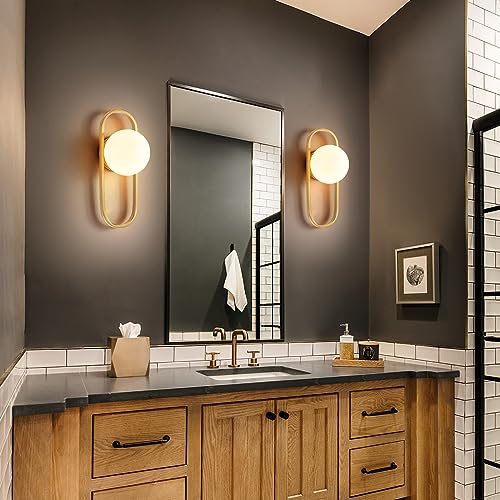 Image of Wall Sconces Set of Two Brushed Gold Wall Lamp Sconces Wall Lighting with White Globe Glass Shade Wall Lights Sconces Wall Decor Set of 2 Wall Lights for Living Room for Bedrooms Set of 2 ETL Listed
