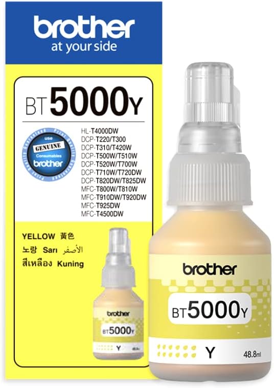 Brother Genuine Bt5000Y Ultra High Yield Yellow Ink Bottle For Ink Tank Printers, 5 X 12.2 X 6.2 Cm, Bt5000Y, Bg Bt5000Y