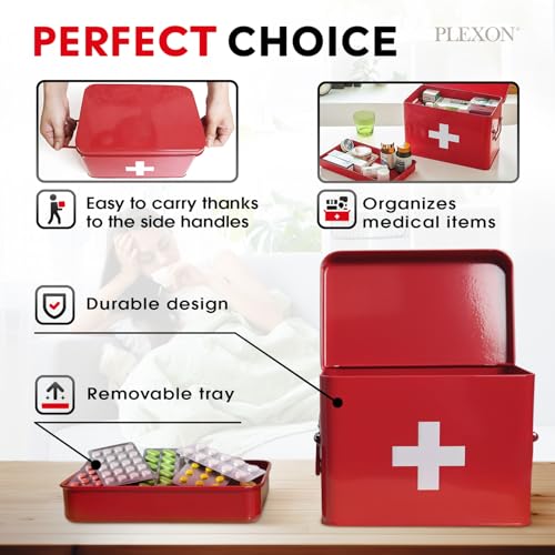 Image of Plexon 8.5 inch Metal First Aid Box Empty, Medicine Storage Bin with Lid, Emergency Supplies Organizer, Portable First Aid Kit Case, Red
