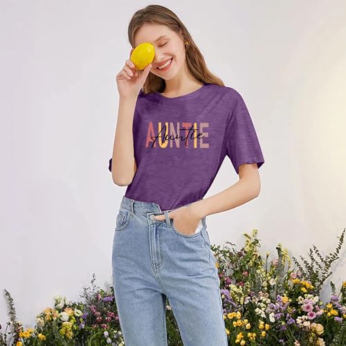 Image of Auntie Women Warm Lovely Love Print Blessing Holiday Summer Ladies Women Casual Short Sleeve T-Shirt.