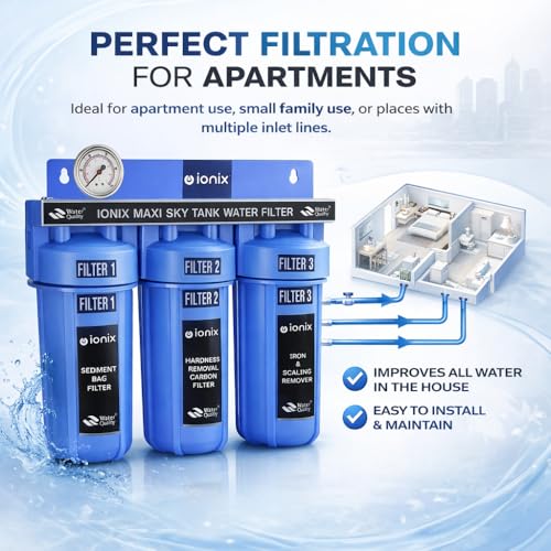 Image of IONIX Sky Tank filteration system with German Housings | Water filter for Flats /Water filter for Builder floors | Small size 12 inchesWhole house|, 1 Set, Blue