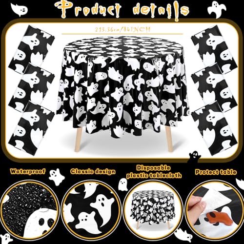 Image of Ganeen 6 Pcs Halloween Plastic Tablecloths 84 Inch White Black Ghost Disposable Table Cover Plastic Round Ghost Spooky Tablecloths Decoration for Halloween Baby Shower Party Supplies