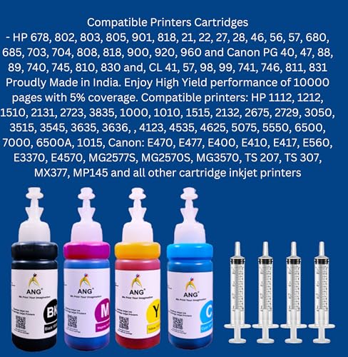 Image of ANG Refill Ink for DeskJet 4178 All in One Printer for 682 Ink Cartridge 100 ML Each Bottle Multi Color with Syringe