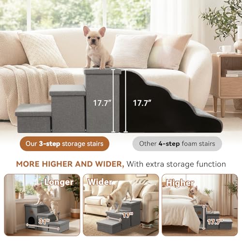 Image of Zerbuger Dog Stairs 18 inch H, 3-Step Wider Dog Steps for High Beds Couch, Folding Storage Pet Stairs Gift for Small /Medium /Large Old Dogs Cats, Ramp for Climbing Car Up to 200 lbs, (Gray, with Condo)