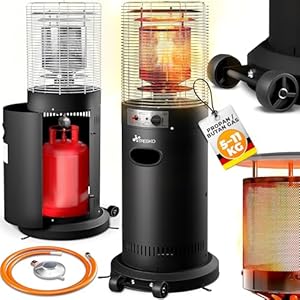 TRESKO® Heizstrahler Gas 11 kW mit Rollen | Outdoor Terrassenheizer für 5 & 11 kg Gasflaschen | Gasheizstrahler für Terrasse, Balkon & Garten | Gasheizer Heizpilz mit Schlauch & Regler (Schwarz)