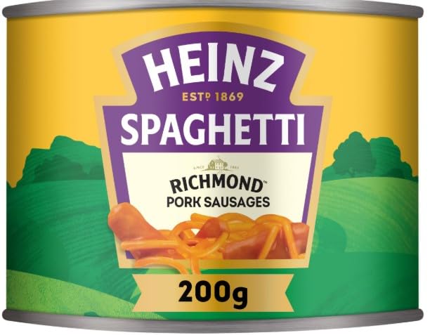 Espaguetis en una rica salsa de tomate con salchichas de cerdo Richmond, 200 g, delicioso, perfecto para compartir con amigos y familiares
