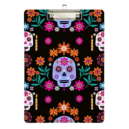 xigua Porte-bloc en forme de têtes de mort et fleurs colorées - Format A4 - Taille standard 22,9 x 32,5 cm - Avec clip en métal à profil bas - Pour étudiants, salle de classe, bureau, femmes, enfants Cover