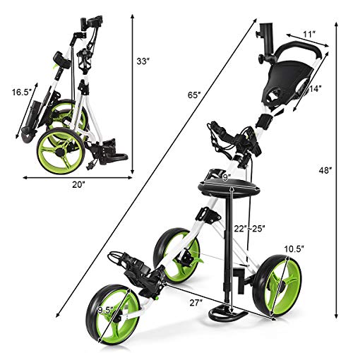 Gymax Golf Cart, Foldable 3 Wheel Golf Push Cart With Detachable Seat, Umbrella Holder & Scoreboard, Portable Lightweight Golf Pull Cart, Golf Bag Trolley For Golf Clubs (Green) #TOP6