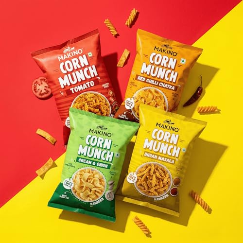 Image of Makino Corn Munch Combo Pack of 3 (150g Each) - Cream & Onion and Red Chilli Chatka | Crunchy Corn Chips | Gluten Free, No MSG, Zero Trans Fat | Sizzling Hot & Creamy Fusion Snacks