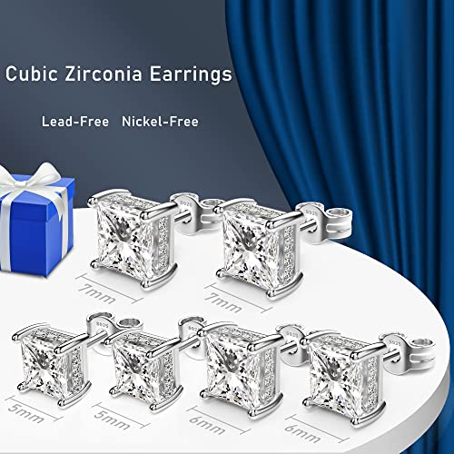 18K White Gold Plated Sterling Silver Princess Cut Cubic Zirconia Stud Earrings Square Simulated Diamond Cz Stud Earrings For Women Men Hypoallergenic (4Mm, White Gold) #TOP4