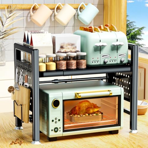 BBLTIFF Soporte Extensible para Microondas de 2 Niveles, Soporte Microondas Extensible 40-65cm, Estante Microondas, Mueble para Microondas con Soporte para Tabla de Cortar, 6 Ganchos (Negro) - imagen 2